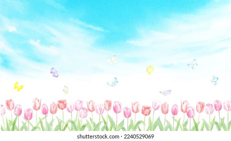 Watercolor illustration of scenery of tulip field with butterflies flying in the sky