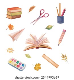 Watercolor illustration of school supplies including pencils, rulers, books, and scissors, perfect for educational designs.