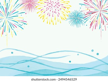 Watercolor illustration sea waves  and fireworks background.