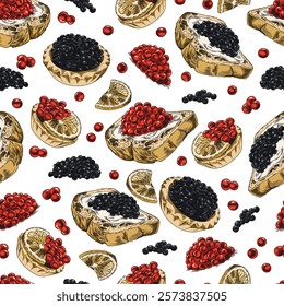 Watercolor illustration of seamless background with red and black caviar with lemon in tartlets and sandwich. Vector hand drawn seafood delicacy. For kitchen wallpaper, menu, textile or papers.