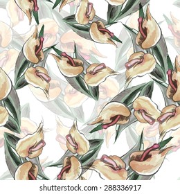 watercolor illustration. Seamless vector pattern. calla lilies with leaves on a white background. hand-drawn.