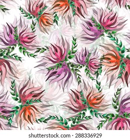 watercolor illustration. Seamless vector pattern. abstract flowers with leaves on a white background. hand-drawn.