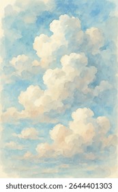 Ilustração aquarela de um céu sereno preenchido com nuvens fofas em tons pastel de azul, rosa e branco. Tranquilo, sonhador e perfeito para o uso de fundo ou design criativo.