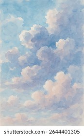 Ilustração aquarela de um céu sereno preenchido com nuvens fofas em tons pastel de azul, rosa e branco. Tranquilo, sonhador e perfeito para o uso de fundo ou design criativo.