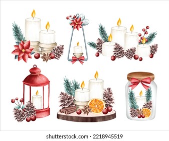 Watercolor Illustration. Set of Advent candles. Christmas ornaments illustration