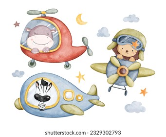 Watercolor illustration set of air transportation with safari animals star and moon elements