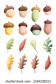 Ilustración de acuarela de bellota y hojas de otoño 