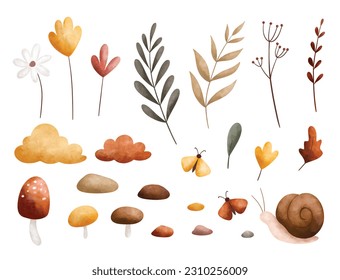 Watercolor Illustration set of autumn leaves, flowers, mushroom, snail and butterflies