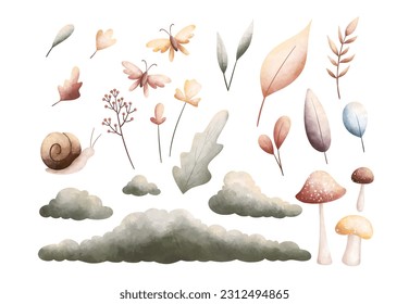 Watercolor Illustration set of autumn leaves mushroom butterflies and plant in vintage color