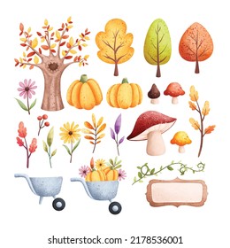 Watercolor illustration set of autumn plants and trees