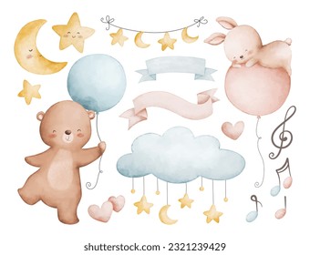 Watercolor illustration set of baby animals and balloon