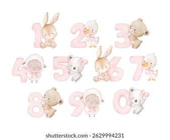 Watercolor Ilustração Conjunto de Baby Animals e Números