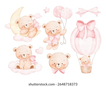 Watercolor Illustration Set of Baby Bears in Nursery Theme