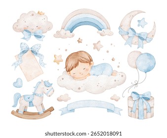 Conjunto de ilustração aquarela de Baby Boy e Nursery Elements