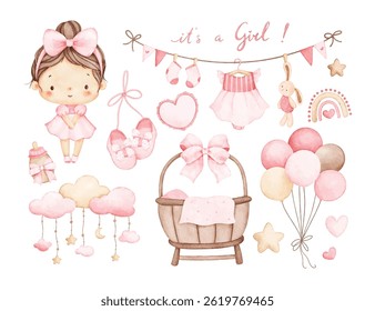 Watercolor Illustration Set of Baby Girl and Nursery Elements
