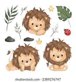 Watercolor Illustration set of baby lion and tropical leaves