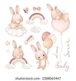 Watercolor Illustration set of Baby Rabbit and cute elements