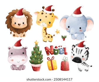 Watercolor Illustration Set of Baby Safari Animals and Christmas Elements