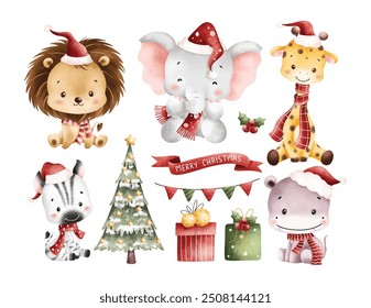 Watercolor Illustration Set of Baby Safari Animals and Christmas Elements