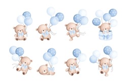 
Watercolor Illustration Set Of Baby Teddy Bears And Balloons