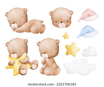 Watercolor Illustration set of Baby Teddy bear