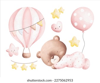 Aquarell-Illustrationssatz für Teddybären und Kindergartenelemente