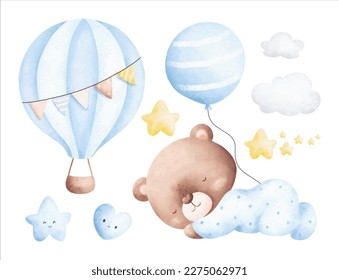 Watercolor illustration set of baby teddy bear and nursery elements