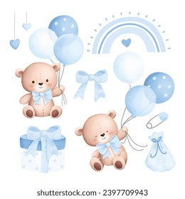 Watercolor Illustration Set of Baby Teddy Bears and Cute Elements