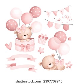 Aquarellfarbensatz für Teddybären und Cute Elements