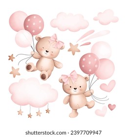 Watercolor Illustration Set of Baby Teddy Bears and Cute Elements