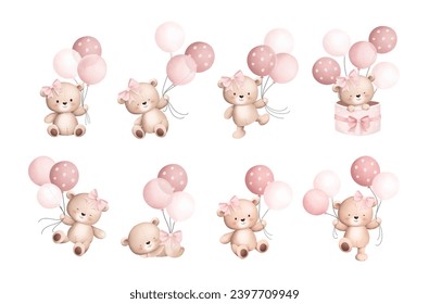 
Watercolor Illustration Set of Baby Teddy Bears and Balloons