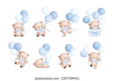 Стоковое векторное изображение: 
Watercolor Illustration Set of Baby Teddy Bears and Balloons