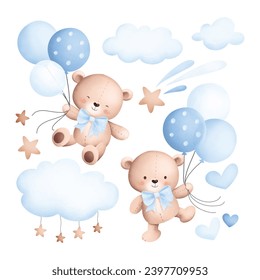 Watercolor Illustration Set of Baby Teddy Bears and Cute Elements