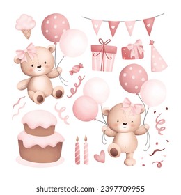 Watercolor Illustration Set of Baby Teddy Bears and Cute Elements