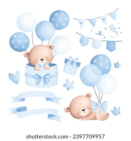 Watercolor Illustration Set of Baby Teddy Bears and Cute Elements