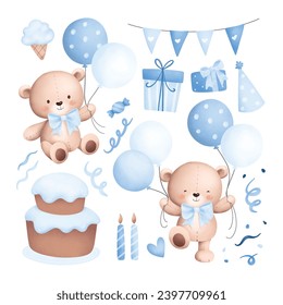 Watercolor Illustration Set of Baby Teddy Bears and Cute Elements