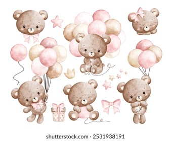 Conjunto de ilustración de acuarela de osos de peluche de bebé y globos rosados