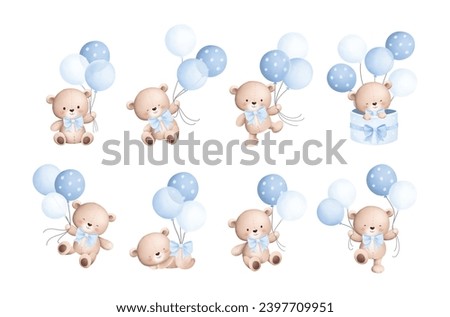 
Watercolor Illustration Set of Baby Teddy Bears and Balloons