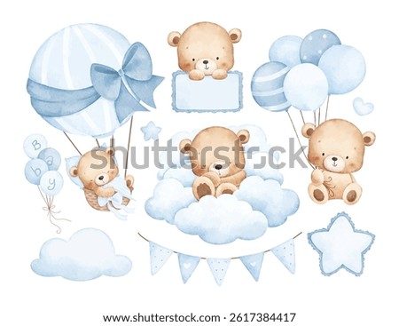 Watercolor Illustration Set of Baby Teddy Bear and Balloons with Nursery Elements