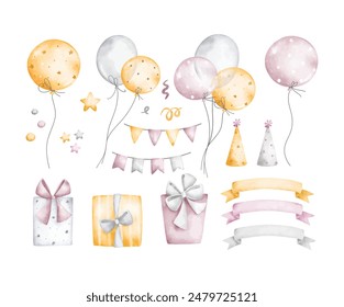 Watercolor Illustration Set of Balloons and Birthday Party Ornaments