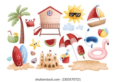 Acuarela Ilustración conjunto de elementos de playa y vacaciones de verano