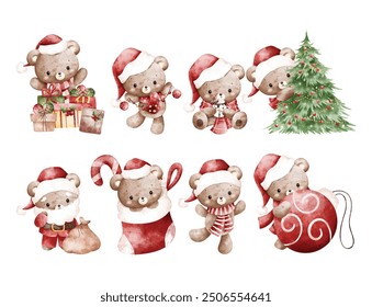 Watercolor Illustration Set of Bears and Christmas Ornaments