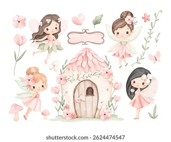 Watercolor Illustration Set of Beautiful Garden Fairy with Fairy House and Floral Elements