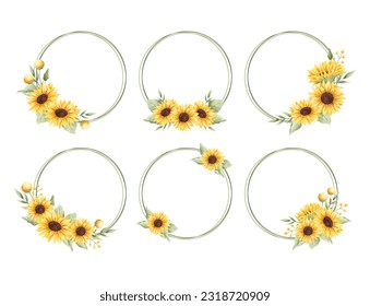 Watercolor Illustration set of beautiful sunflower wreath frame