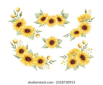 Watercolor Illustration set of beautiful sunflower wreath