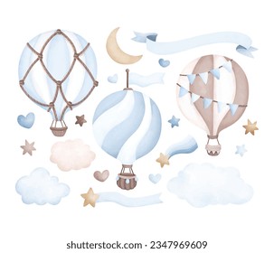 Watercolor illustration set of blue Hot air balloon and elements