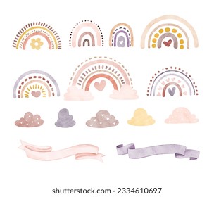 Watercolor illustration set of boho rainbow, clouds, and ribbon banner