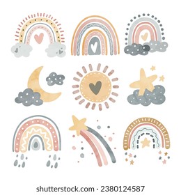 Watercolor Illustration set of boho rainbow with sun, cloud, and star