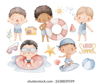 Watercolor Illustration Set of Boys in Summer Holiday and Summer Elements