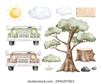 Ilustración de acuarela Conjunto de coches y Elementos de Naturaleza